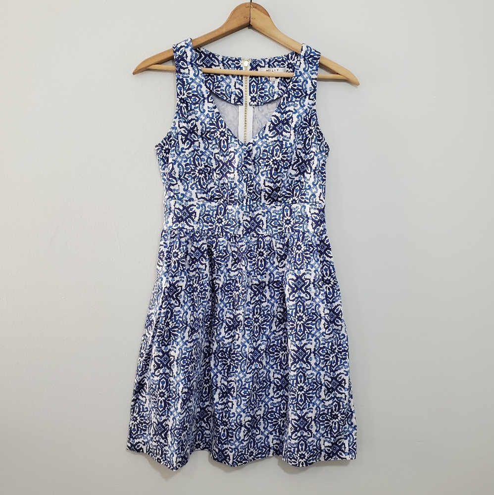 Blue and White Patterned Sleeveless Fit-and-Flare Dress